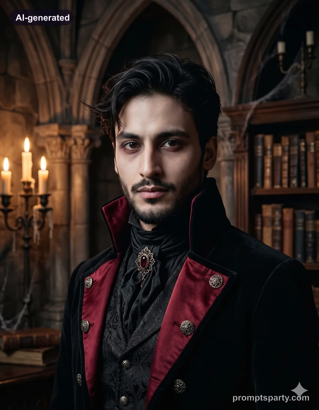 Kabir as a gothic Victorian vampire in candlelit library
