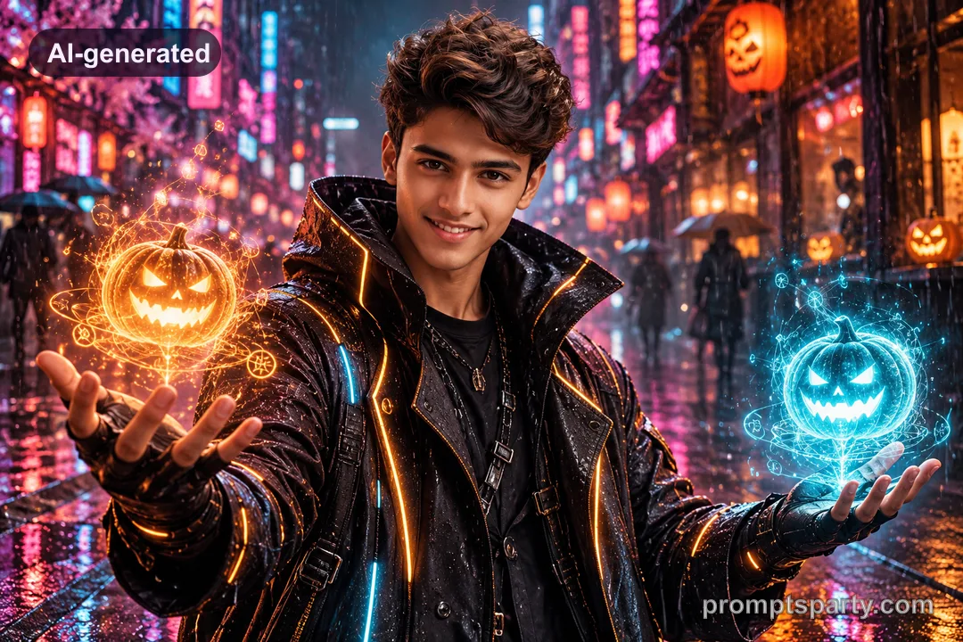 Dev as a cyberpunk neon sorcerer on Halloween, ChatGPT version