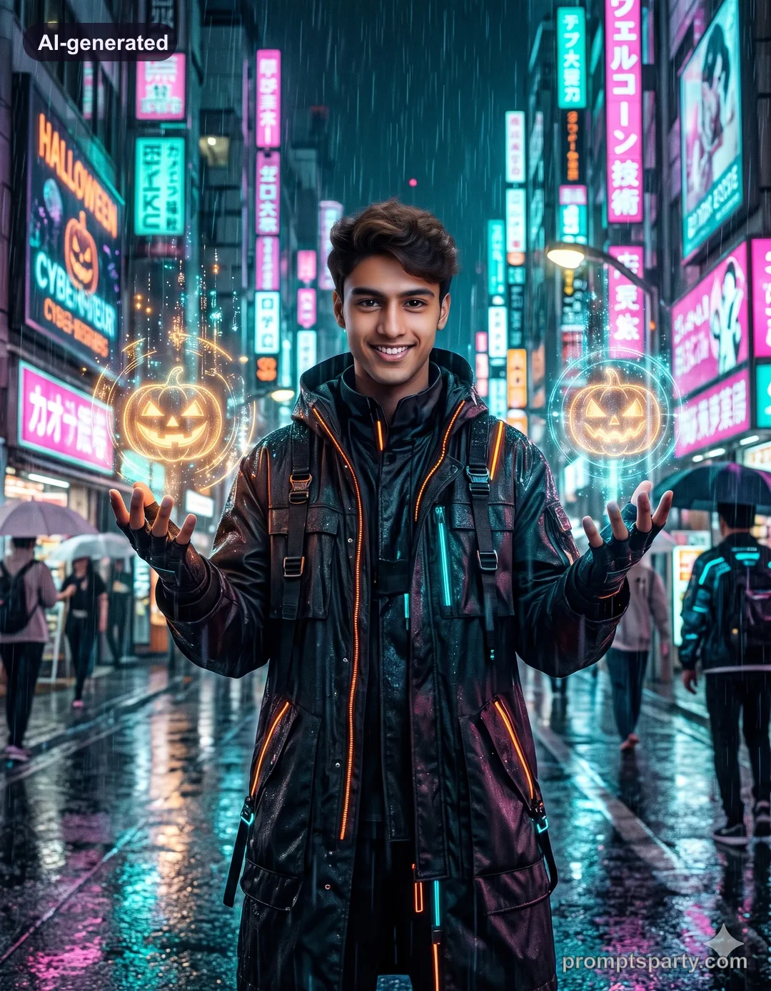 Dev as a cyberpunk neon sorcerer on Halloween