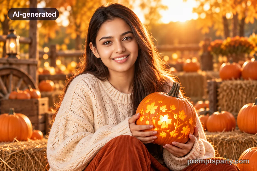 Ananya in an autumn pumpkin patch at golden hour, ChatGPT version