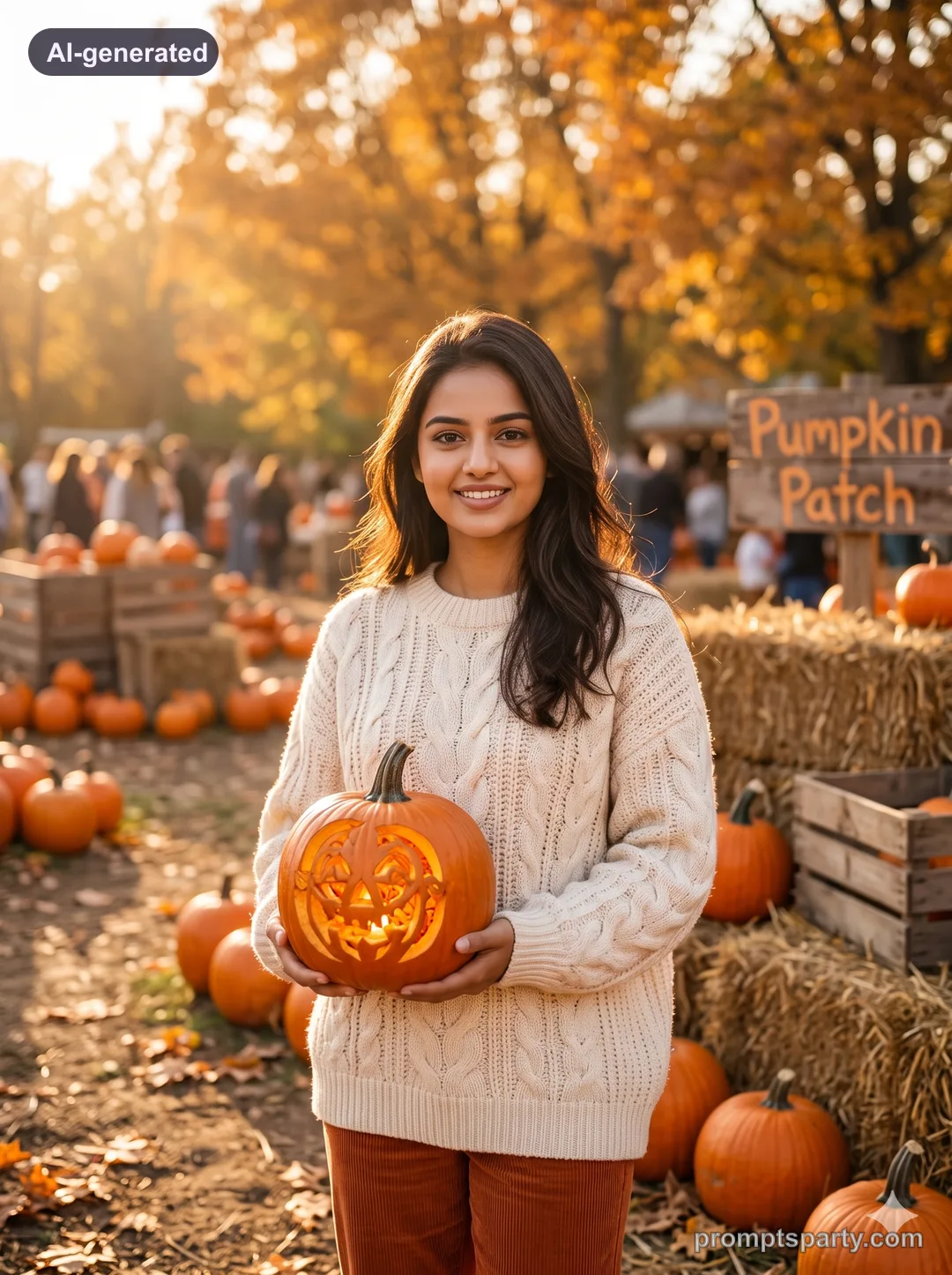 Ananya in an autumn pumpkin patch at golden hour