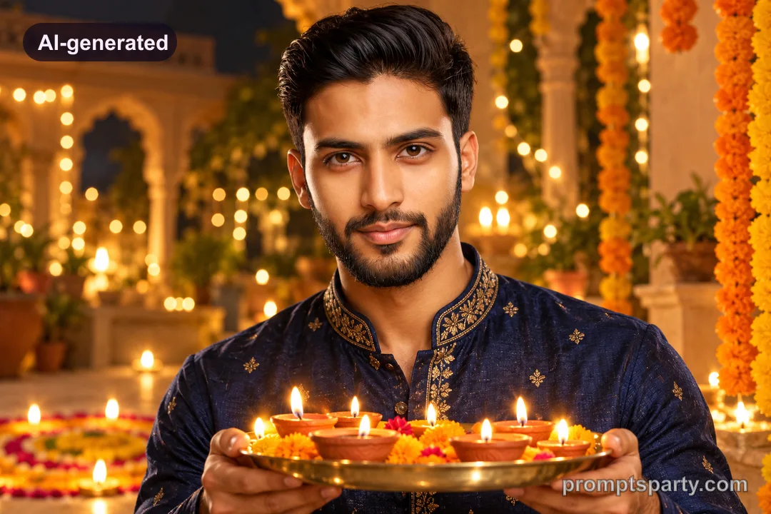 Arjun in a royal navy blue Diwali kurta with brass diya, ChatGPT version