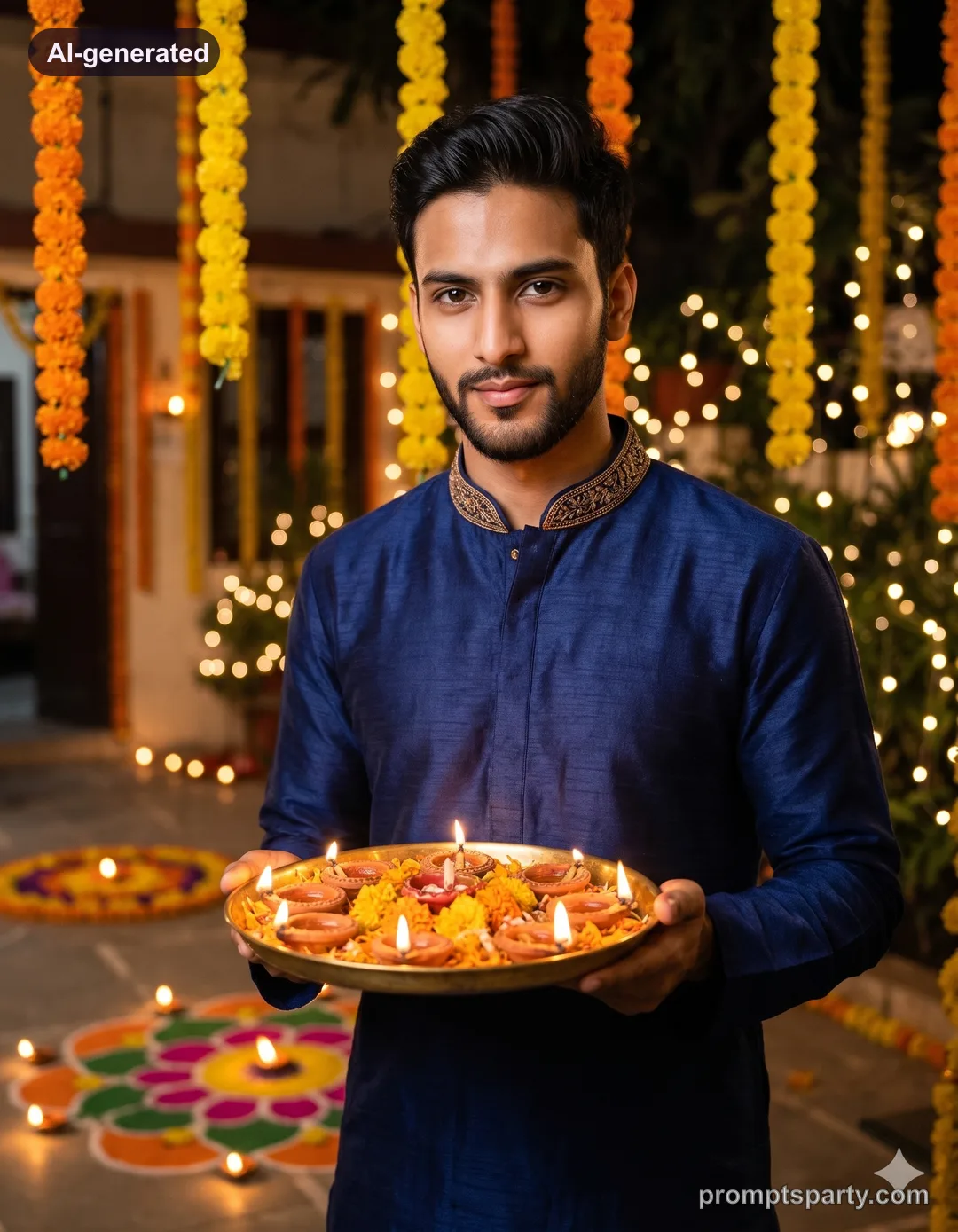 Arjun in a royal navy blue Diwali kurta with brass diya