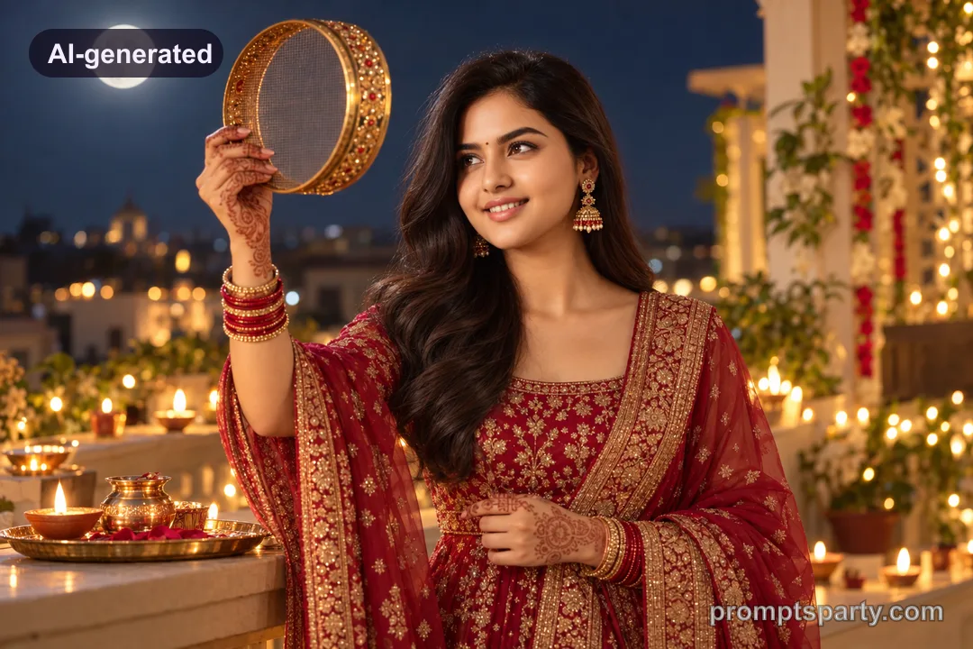 Riya in a crimson Karwa Chauth lehenga holding a sieve under the moon, ChatGPT version