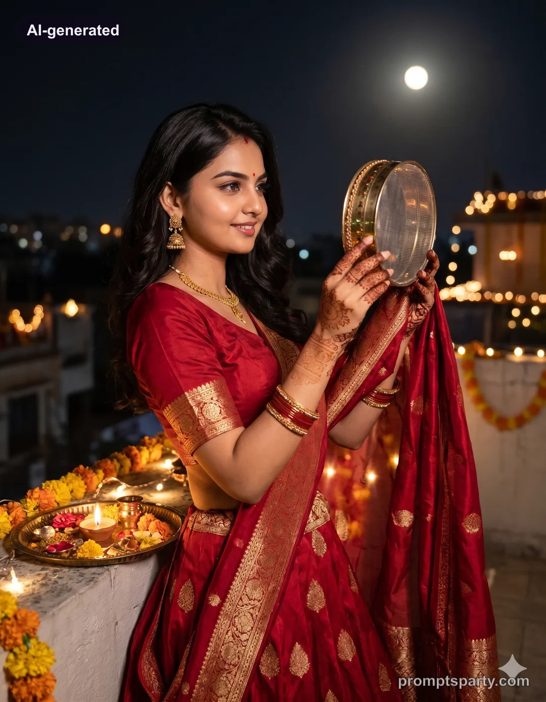 Riya in a crimson Karwa Chauth lehenga holding a sieve under the moon