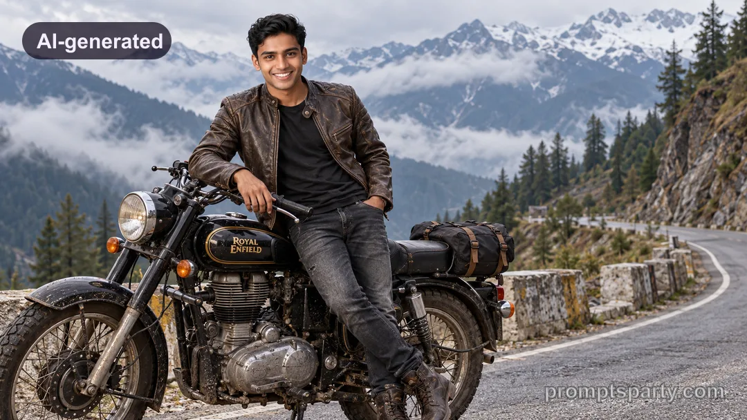 Rohan with a classic Royal Enfield Bullet on a misty mountain pass, ChatGPT version