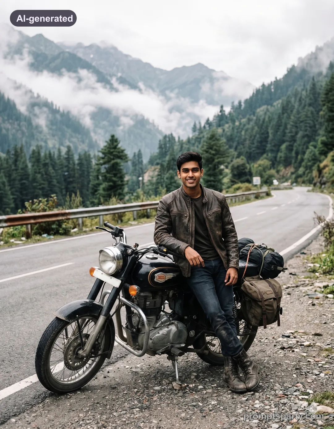 Rohan with a classic Royal Enfield Bullet on a misty mountain pass