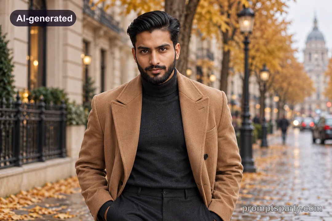 Aditya in a tailored camel overcoat strolling through an autumn boulevard, ChatGPT version