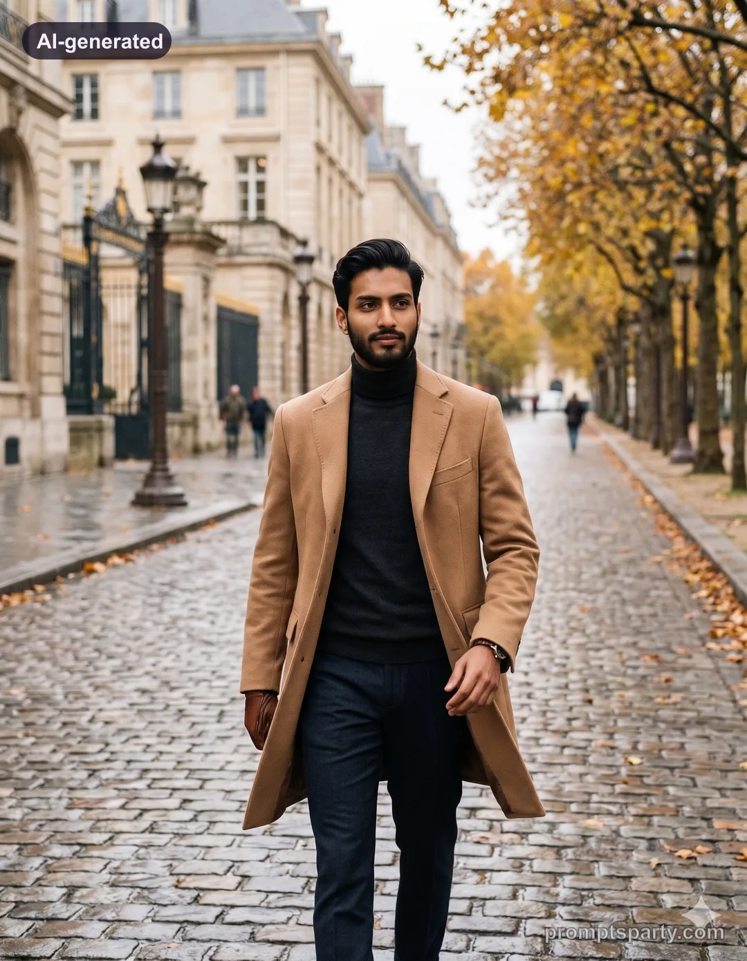 Aditya in a tailored camel overcoat strolling through an autumn boulevard