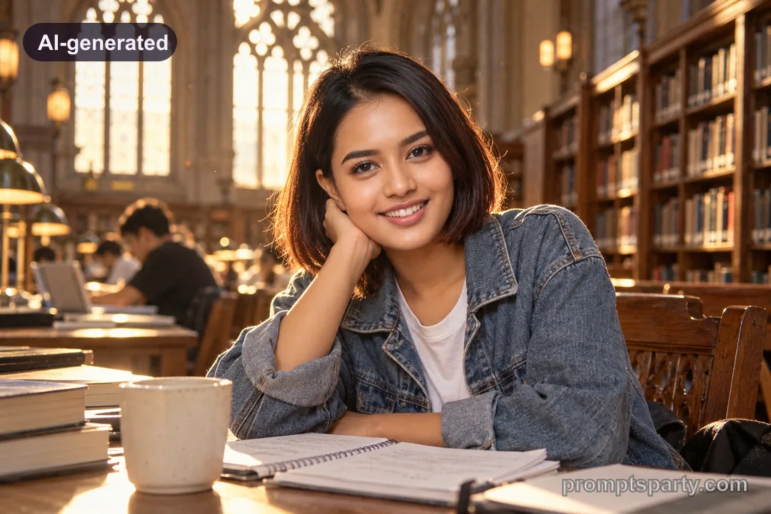 Meera sitting at a sunlit library study table, ChatGPT version
