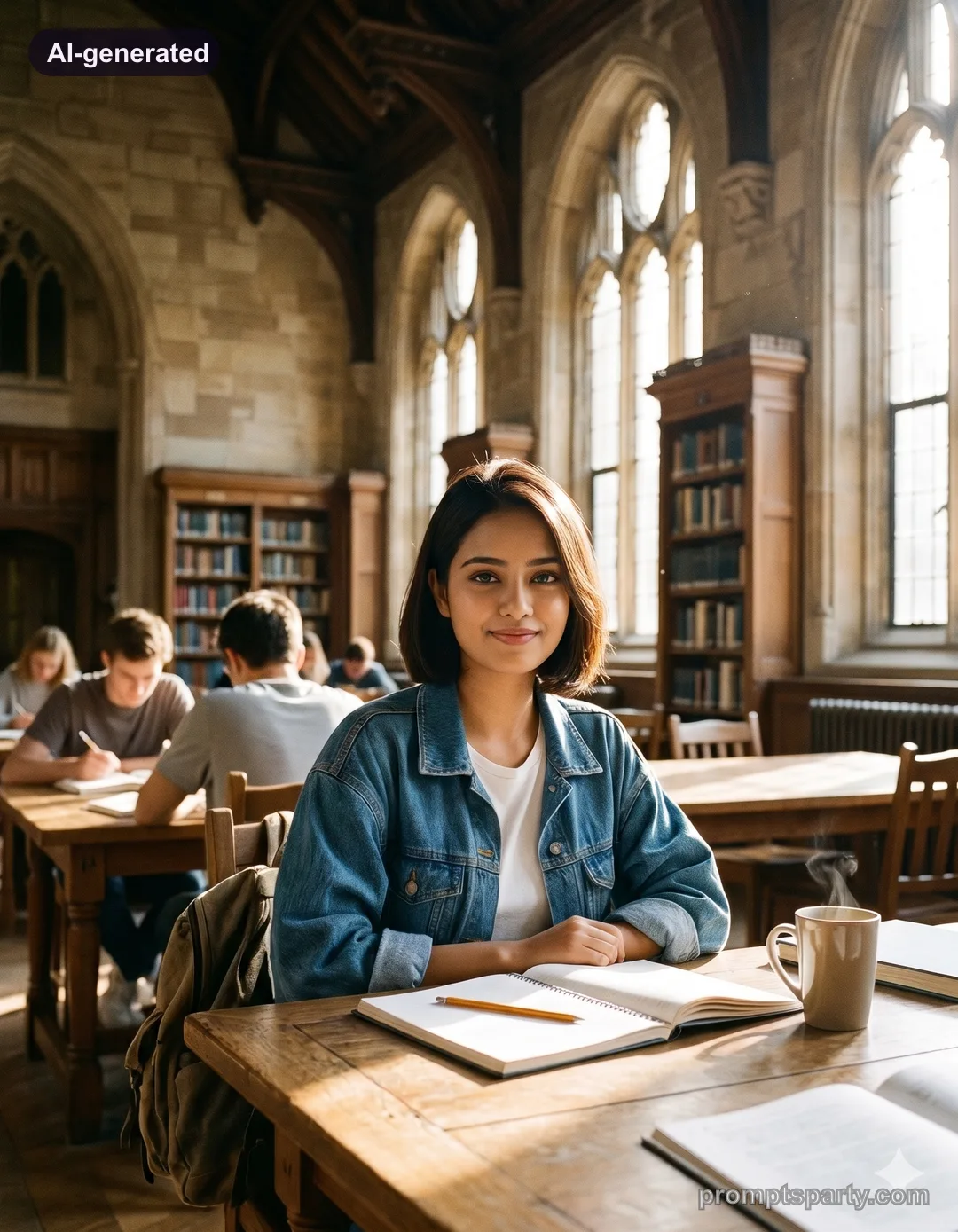 Meera sitting at a sunlit library study table