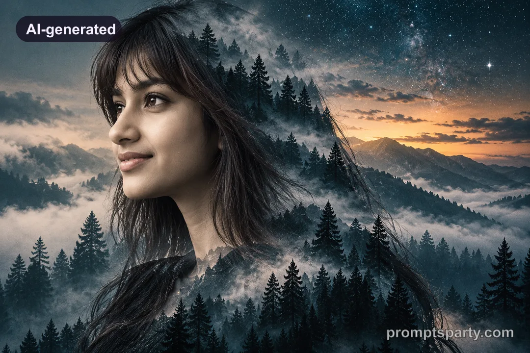 Zoya in an artistic double exposure with misty evergreen pine trees, ChatGPT version