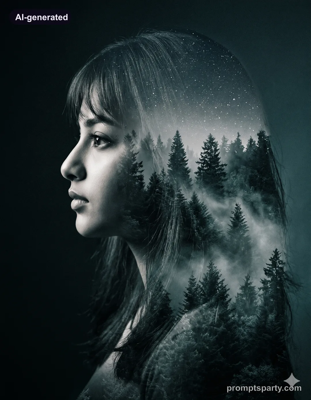 Zoya in an artistic double exposure with misty evergreen pine trees