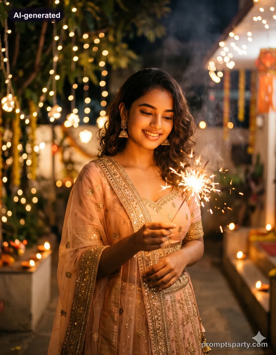 Tara holding a glittering sparkler in a Diwali night courtyard, Gemini version