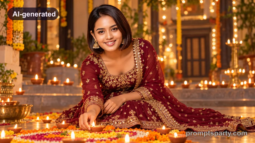 Meera lighting a diya by a floral marigold rangoli in a Diwali courtyard, ChatGPT version