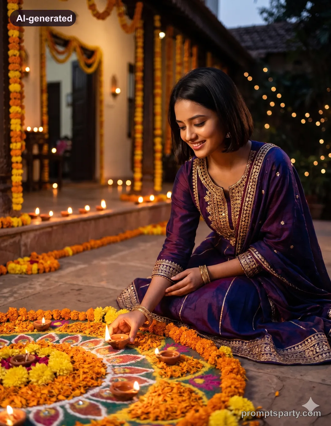 Meera lighting a diya by a floral marigold rangoli in a Diwali courtyard, Gemini version