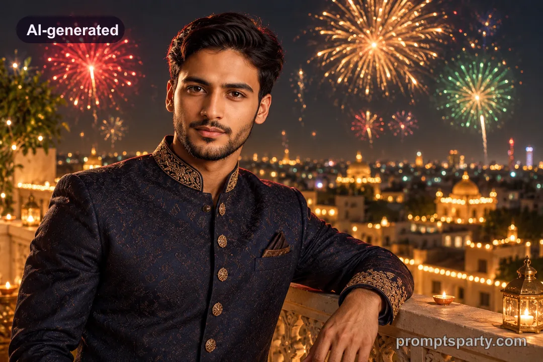 Kabir in a navy sherwani on a Diwali rooftop terrace with night fireworks, ChatGPT version