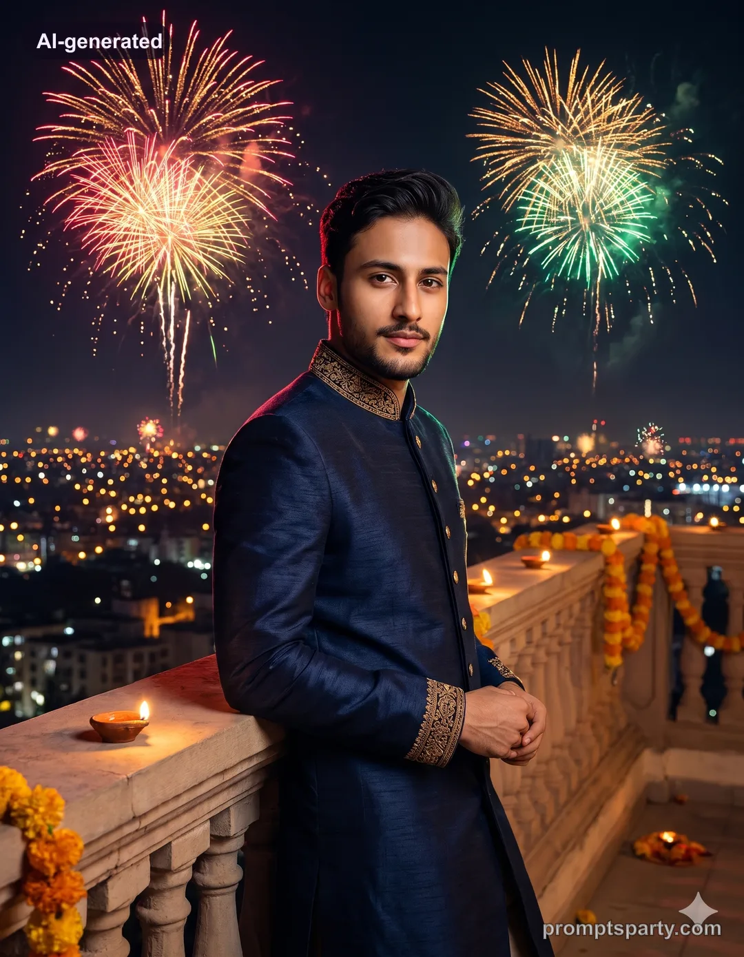 Kabir in a navy sherwani on a Diwali rooftop terrace with night fireworks, Gemini version