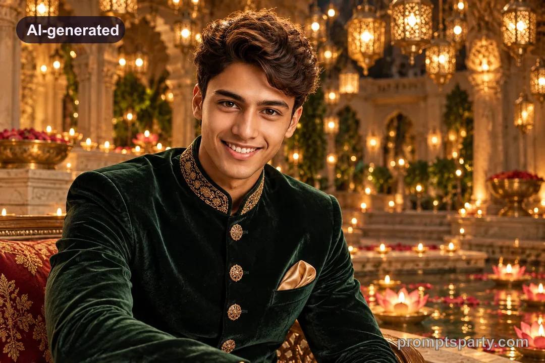 Dev in an emerald green velvet bandhgala inside a royal haveli courtyard, ChatGPT version