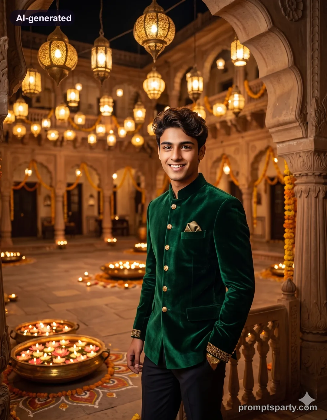 Dev in an emerald green velvet bandhgala inside a royal haveli courtyard, Gemini version
