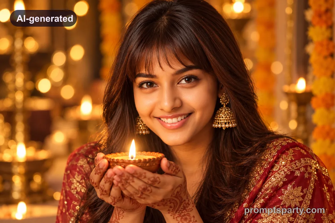 Zoya holding a cupped diya with golden reflections and jhumkas, ChatGPT version
