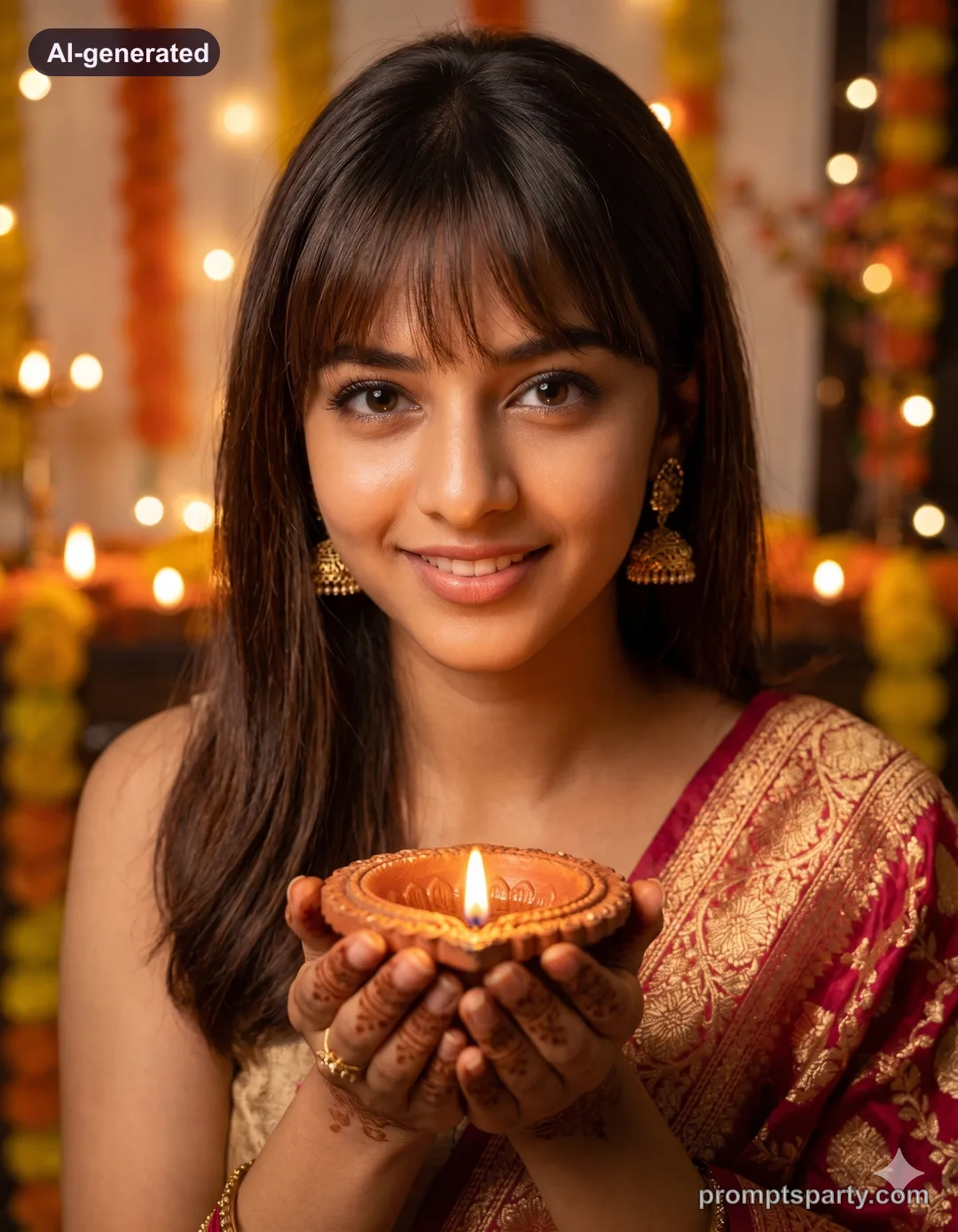 Zoya holding a cupped diya with golden reflections and jhumkas, Gemini version