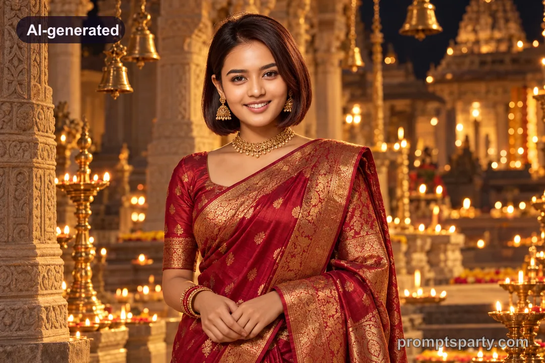Meera in a crimson Banarasi silk saree inside a stone temple courtyard, ChatGPT version