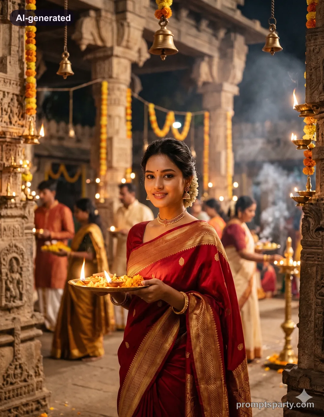 Meera in a crimson Banarasi silk saree inside a stone temple courtyard, Gemini version