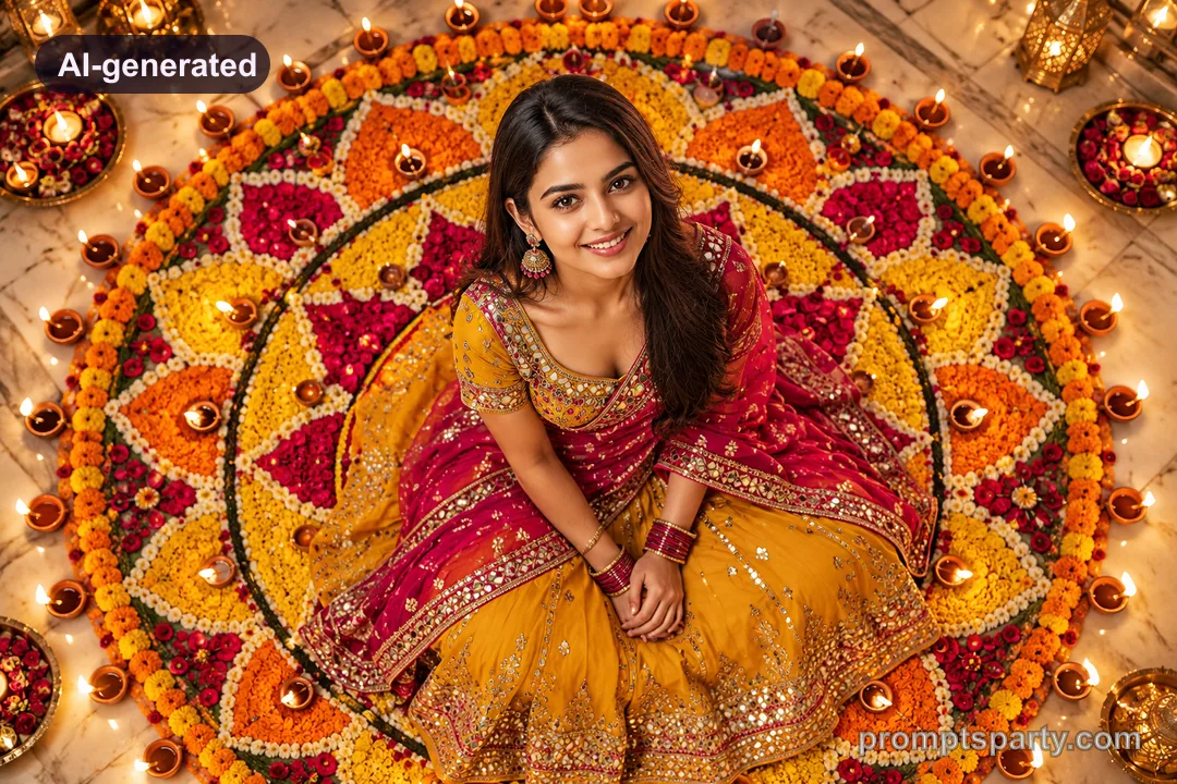 Ananya in a yellow and fuchsia lehenga sitting by a circular marigold rangoli, ChatGPT version