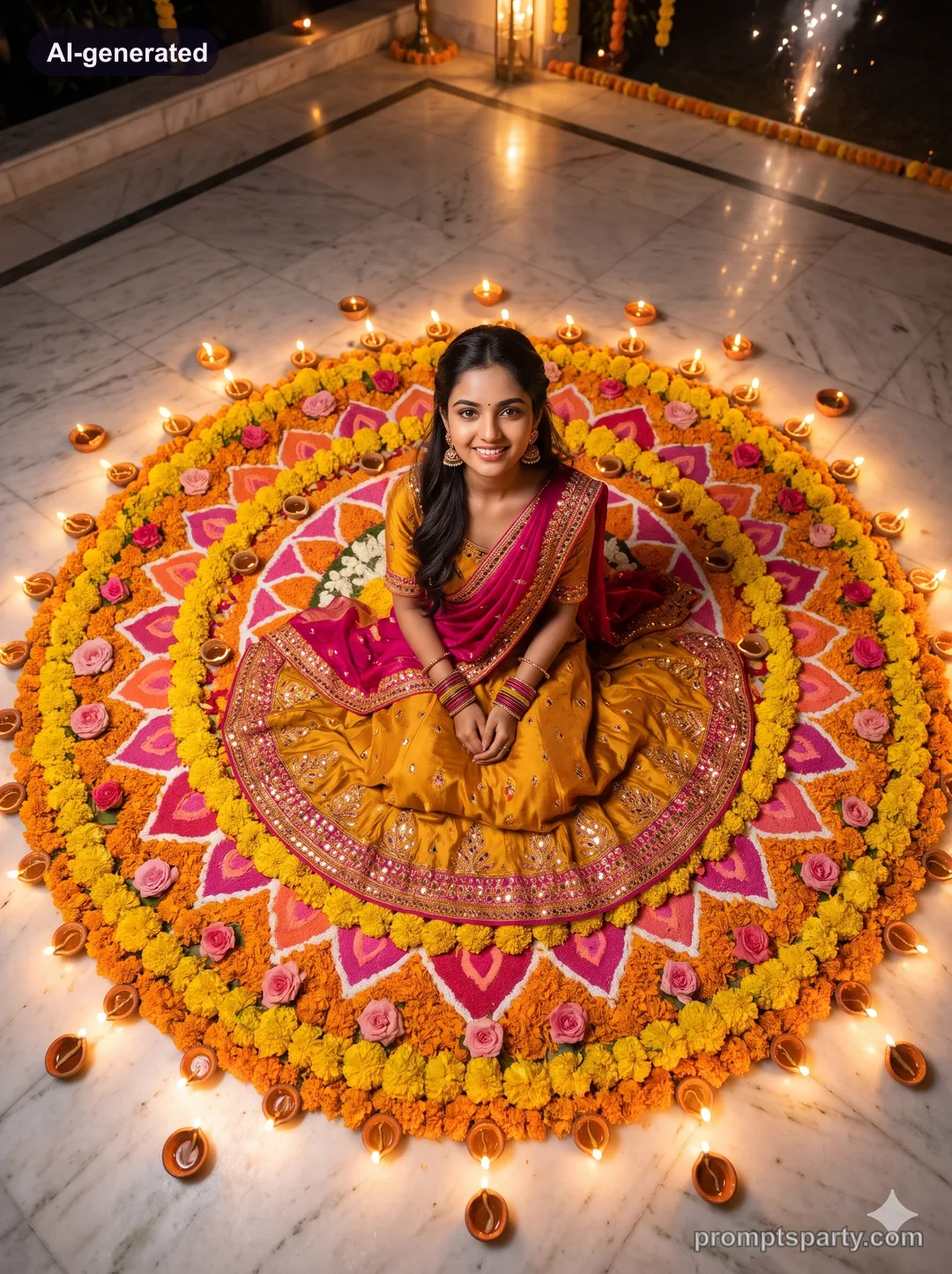 Ananya in a yellow and fuchsia lehenga sitting by a circular marigold rangoli, Gemini version