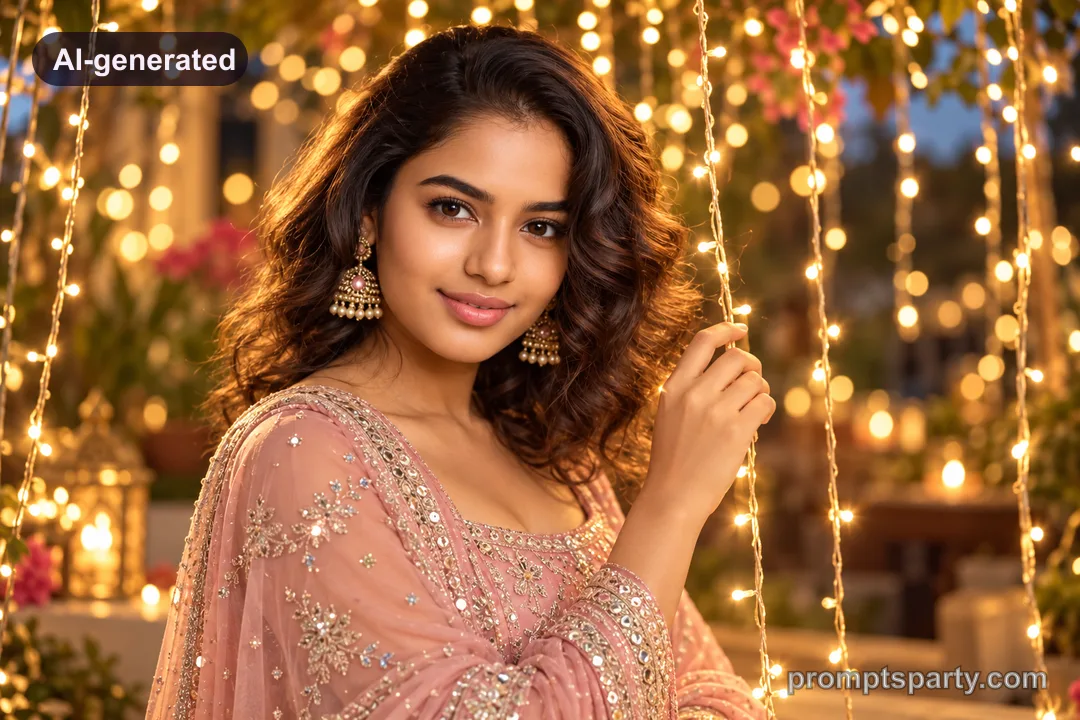 Tara under a glowing canopy of warm fairy lights on a festive Diwali evening, ChatGPT version