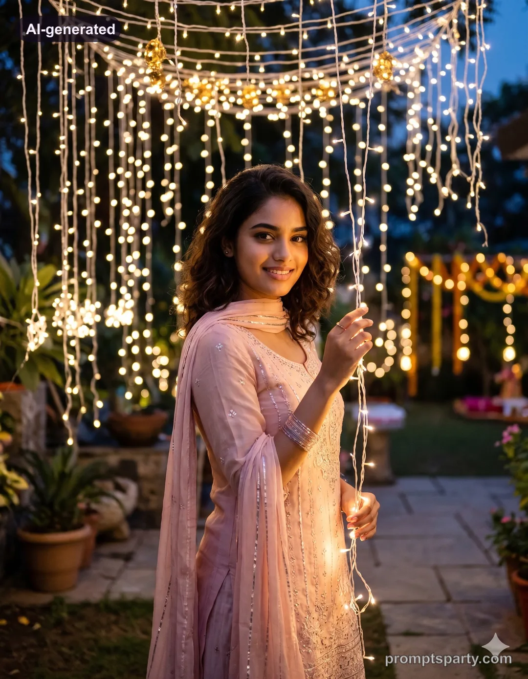 Tara under a glowing canopy of warm fairy lights on a festive Diwali evening, Gemini version