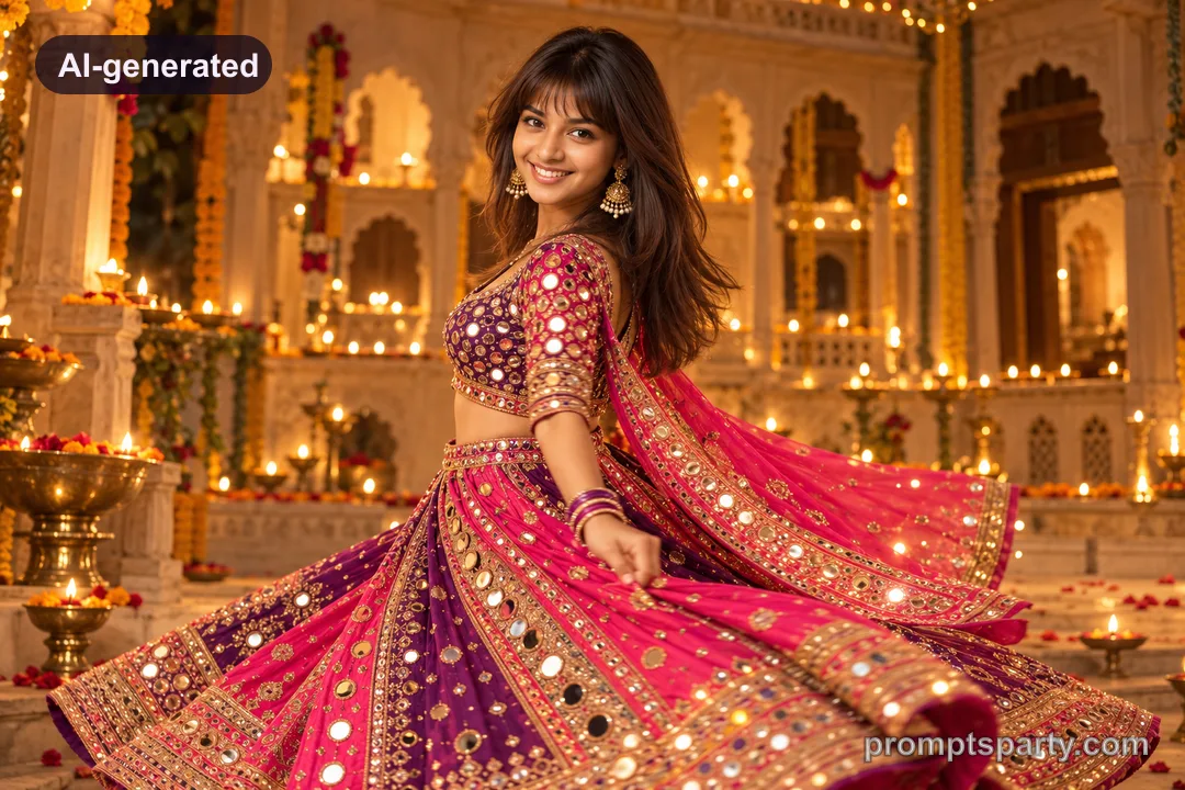 Zoya in a pink and purple mirror-work lehenga in an illuminated palace courtyard, ChatGPT version