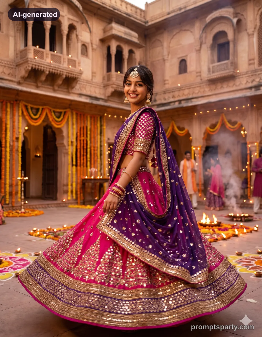 Zoya in a pink and purple mirror-work lehenga in an illuminated palace courtyard, Gemini version