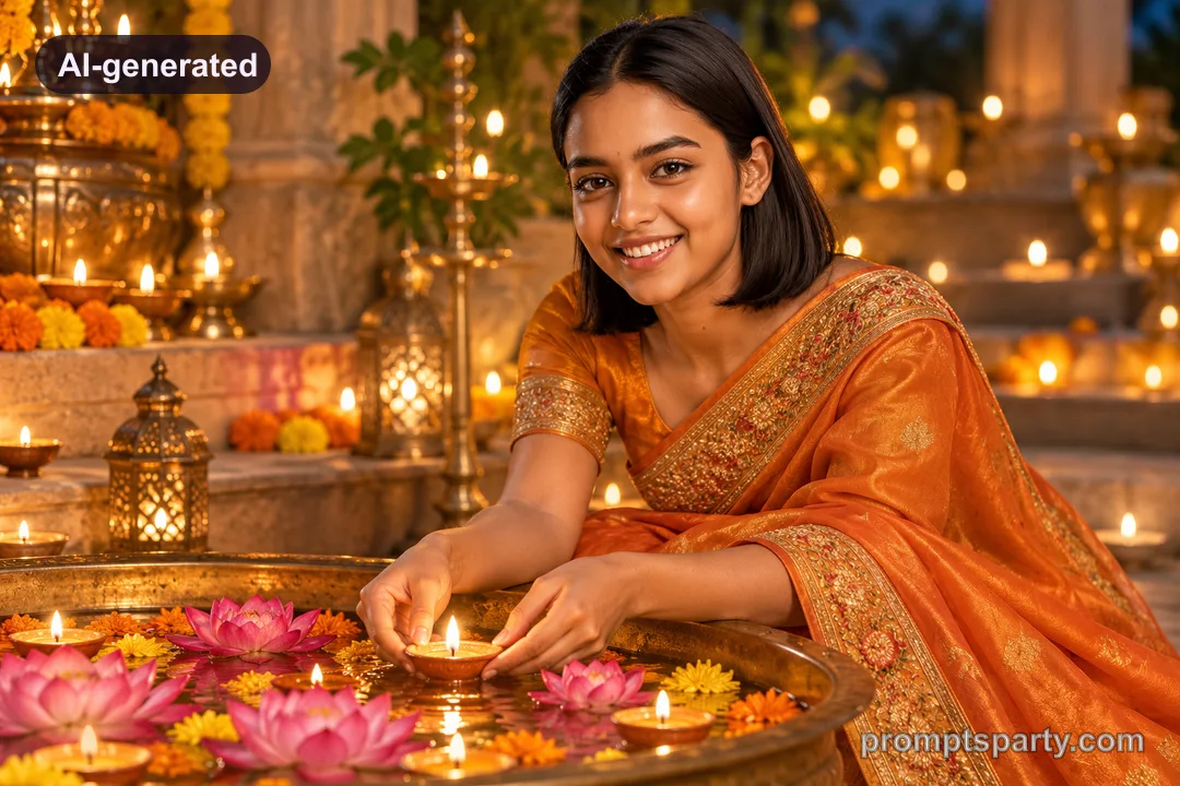 Divya in a saffron silk saree floating a lit diya into a brass urli bowl, ChatGPT version