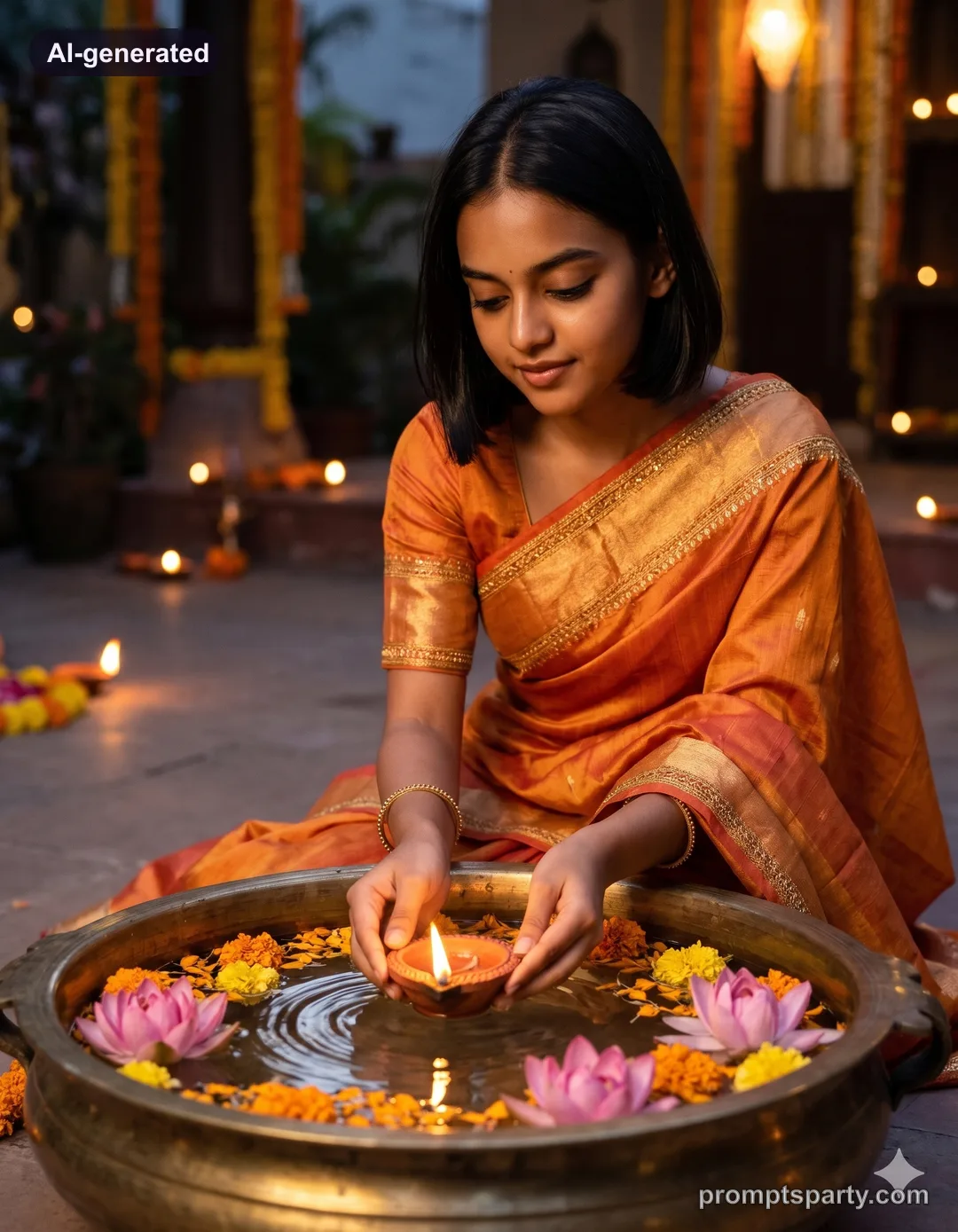 Divya in a saffron silk saree floating a lit diya into a brass urli bowl, Gemini version