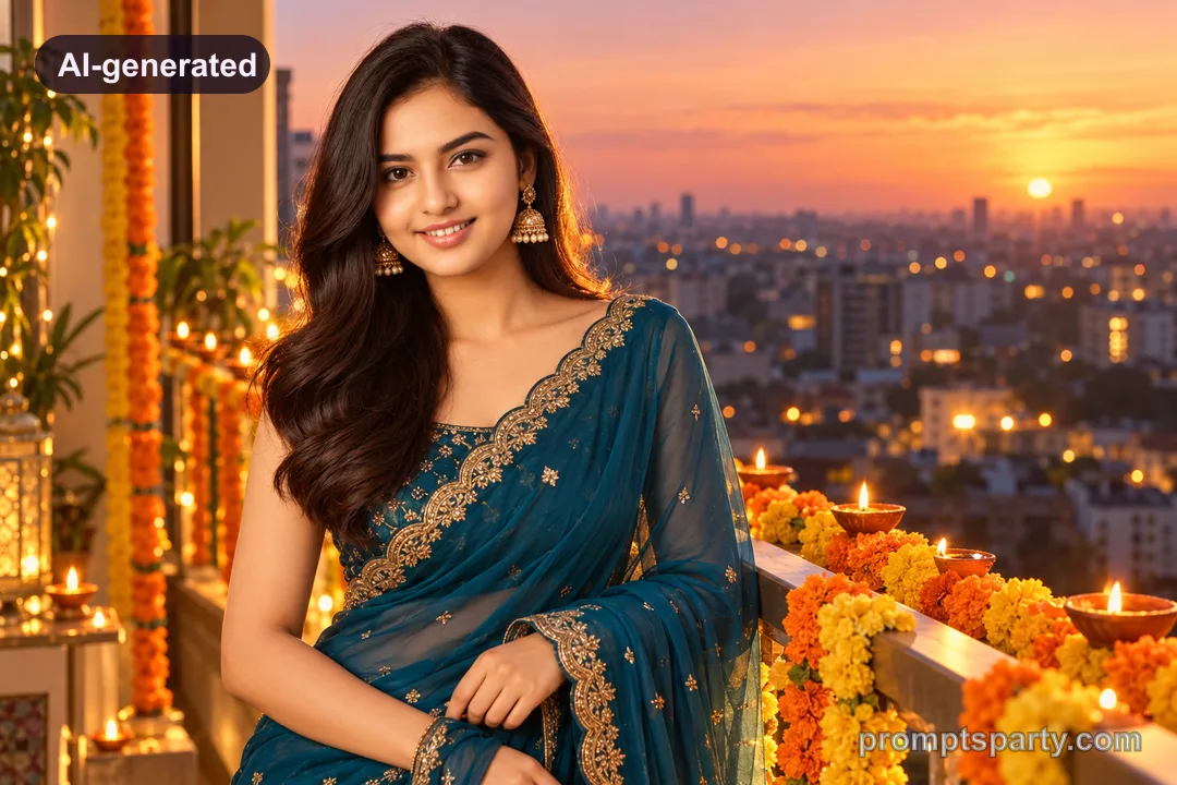 Riya in a teal blue georgette saree on a sunset balcony draped in marigold garlands, ChatGPT version
