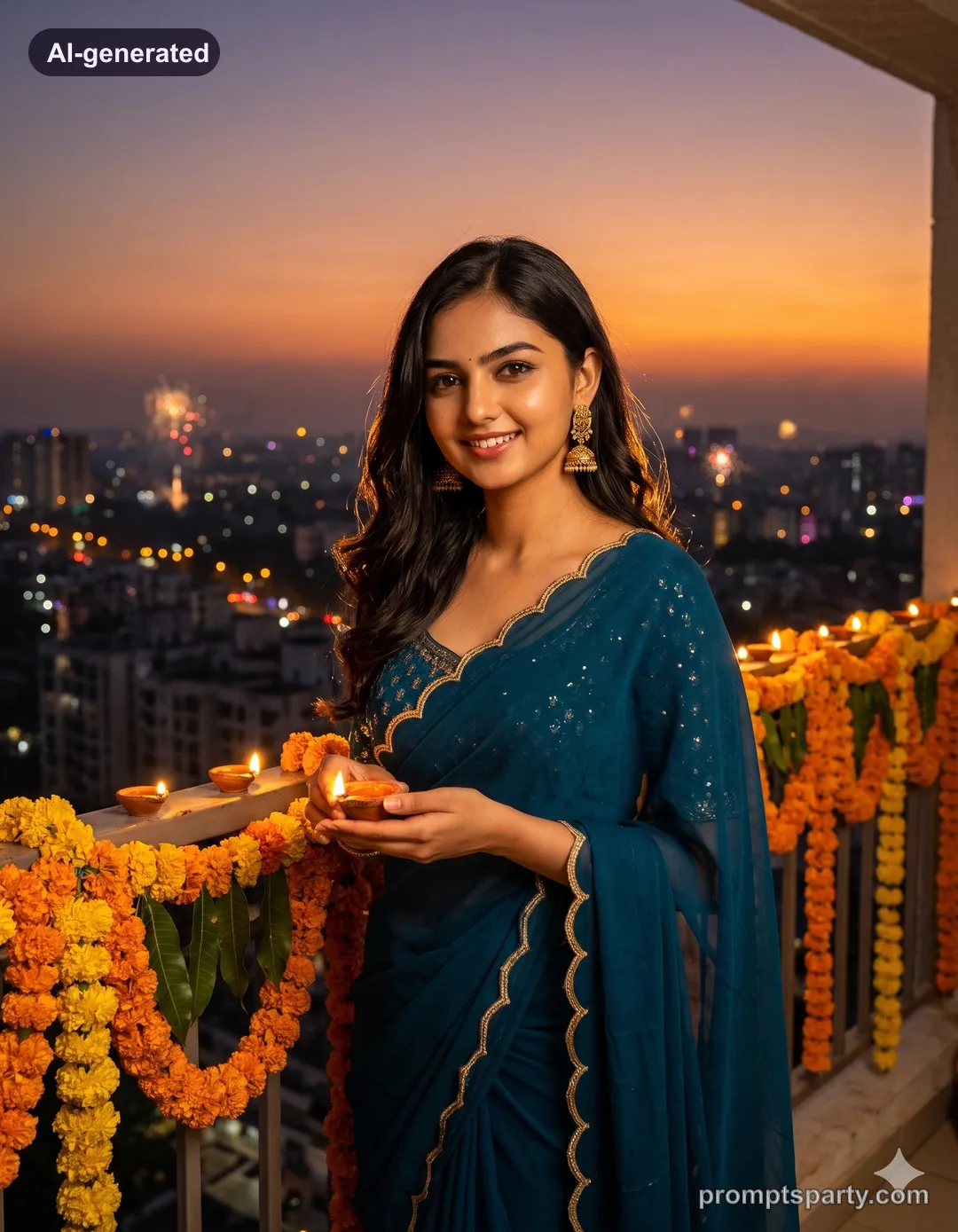 Riya in a teal blue georgette saree on a sunset balcony draped in marigold garlands, Gemini version