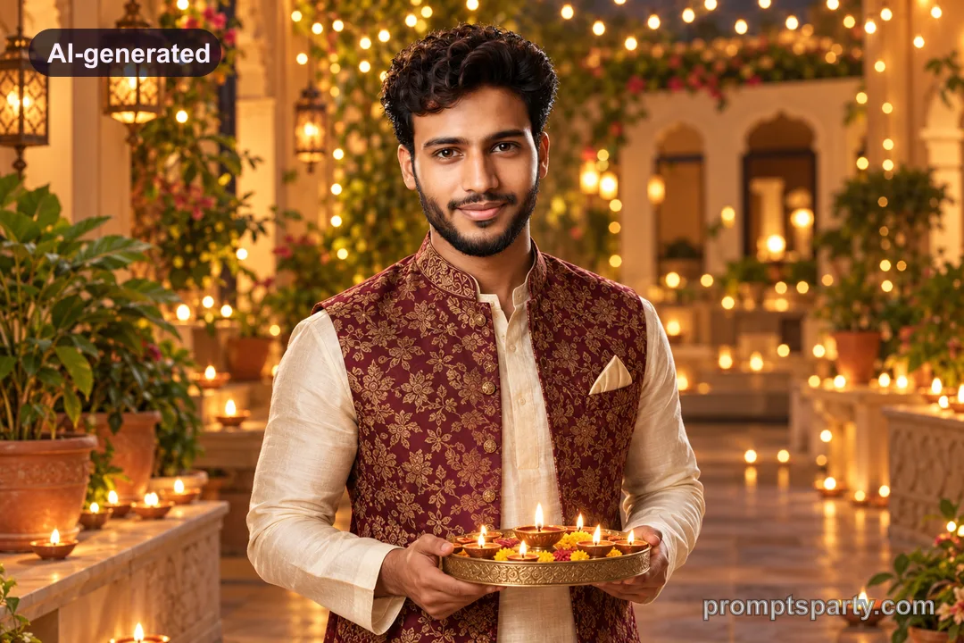 Vikram in an ivory silk kurta and floral jacquard Nehru jacket, ChatGPT version