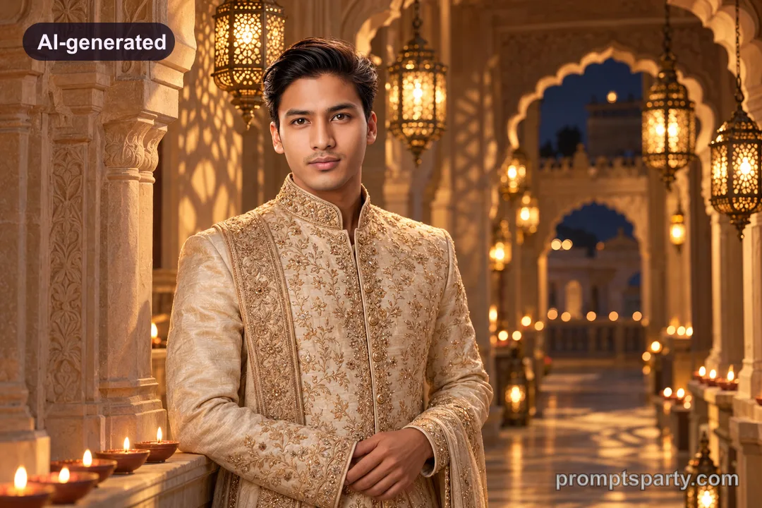 Neil in an ivory and gold raw silk sherwani standing in an illuminated haveli archway, ChatGPT version