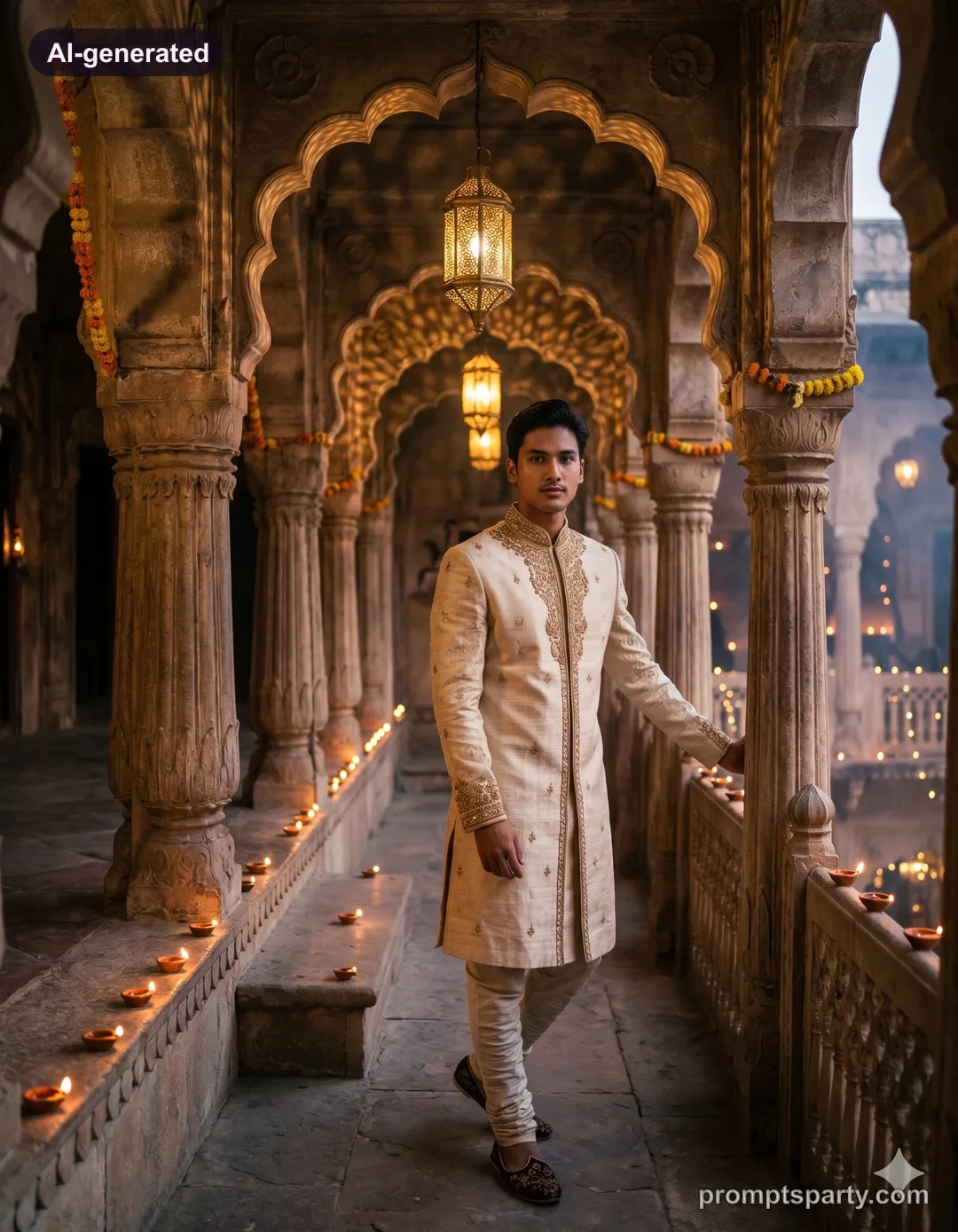Neil in an ivory and gold raw silk sherwani standing in an illuminated haveli archway, Gemini version
