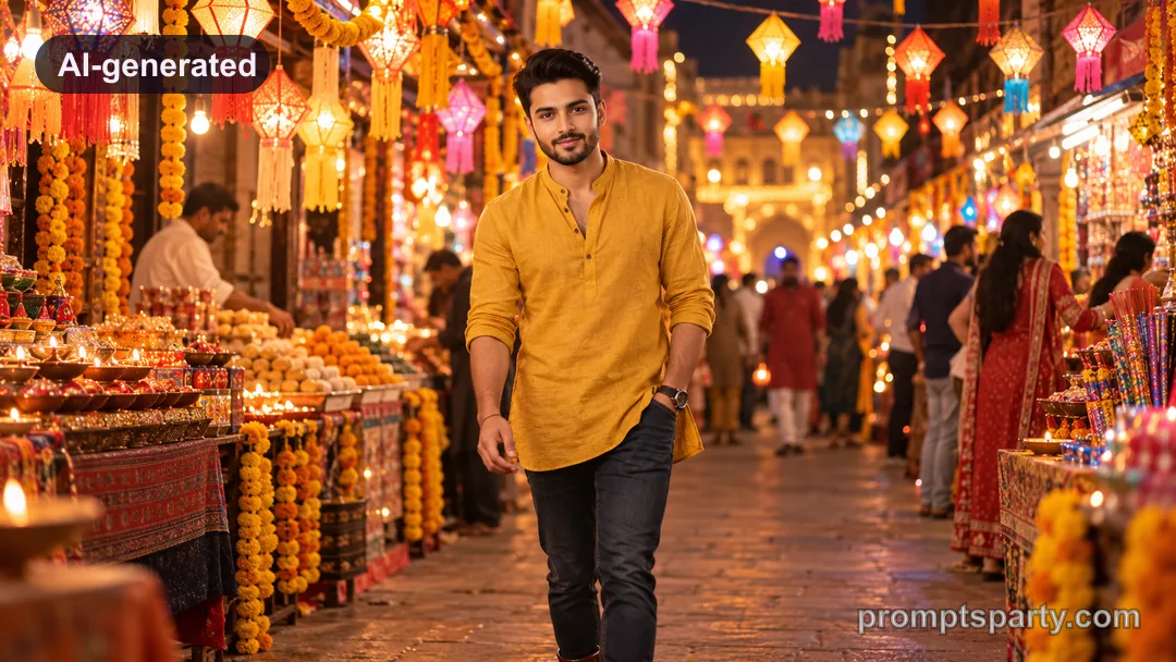 Aarav in a mustard yellow short kurta walking under colorful Diwali kandeel paper lanterns, ChatGPT version