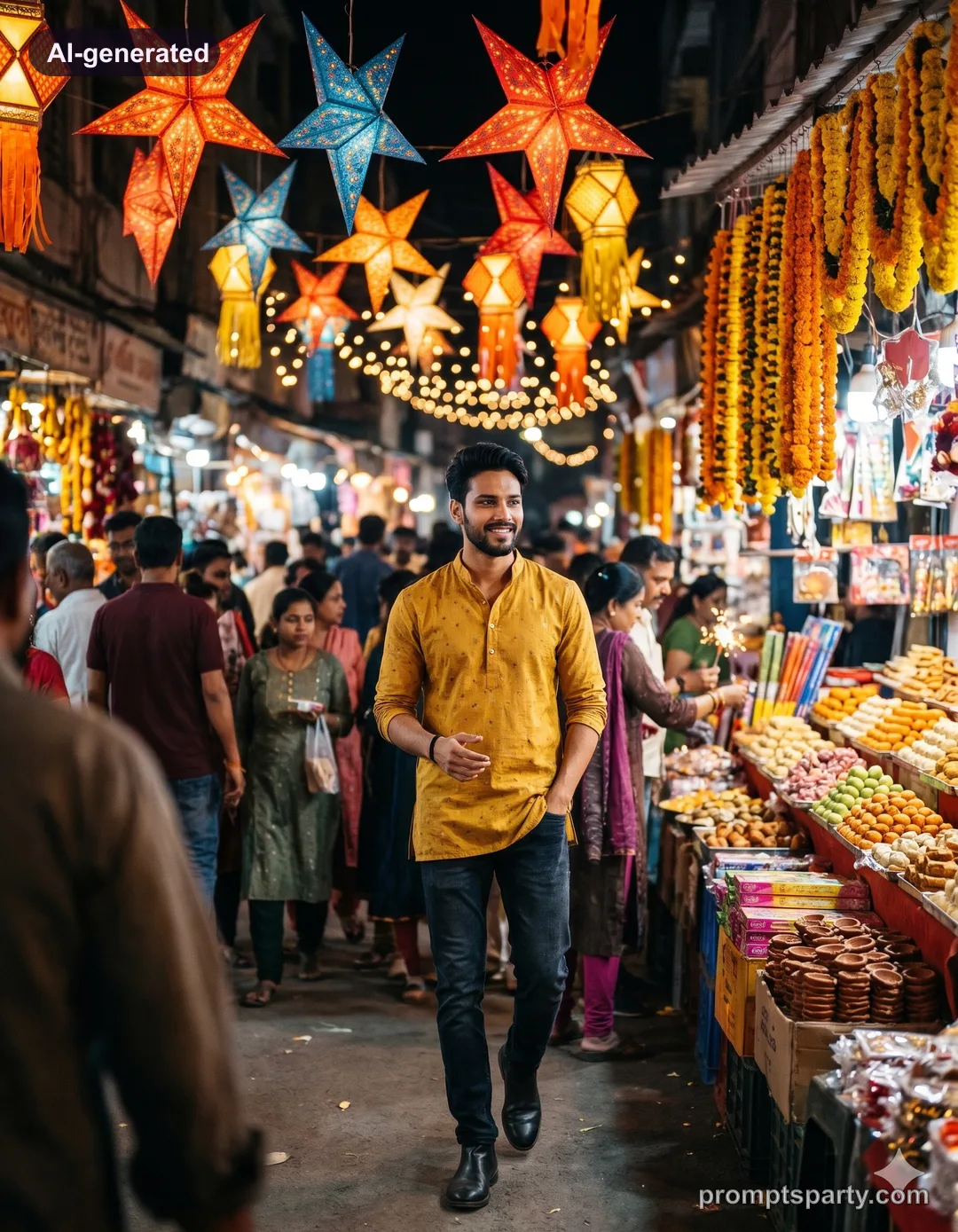 Aarav in a mustard yellow short kurta walking under colorful Diwali kandeel paper lanterns, Gemini version