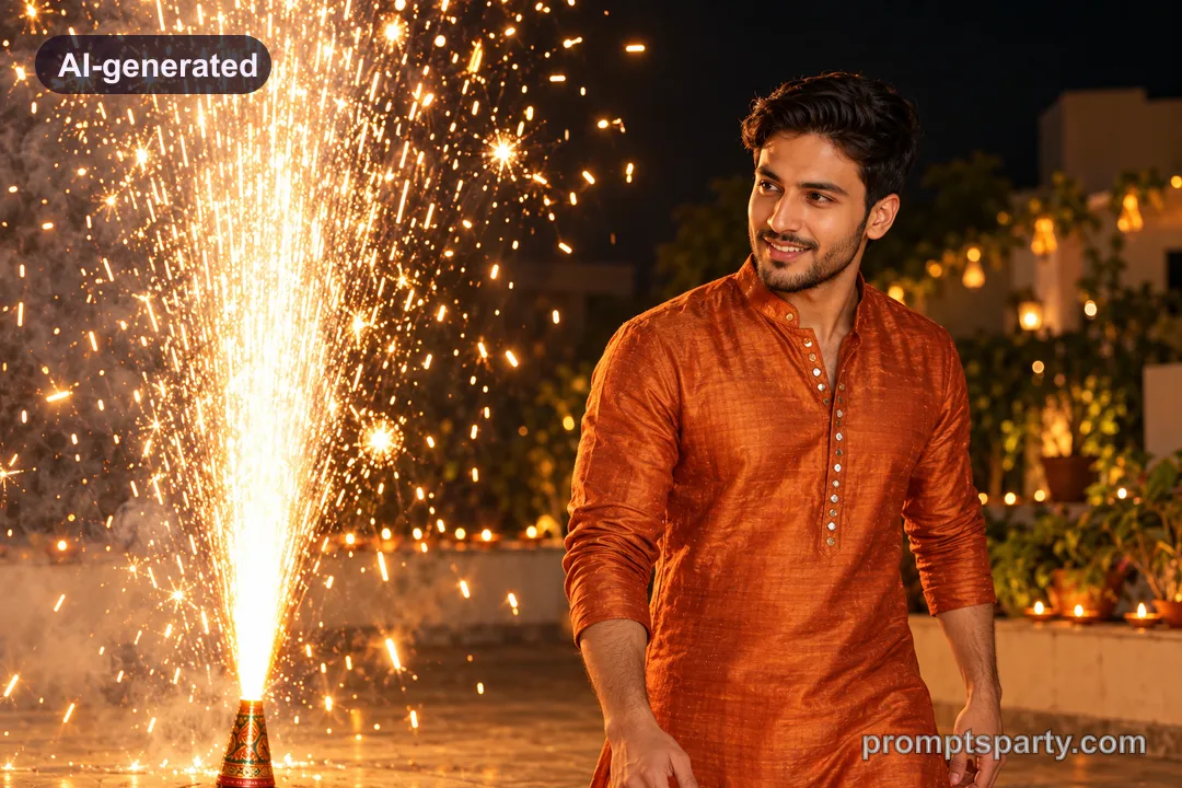 Kabir in a burnt orange silk kurta beside a sparkling golden anar firework fountain, ChatGPT version