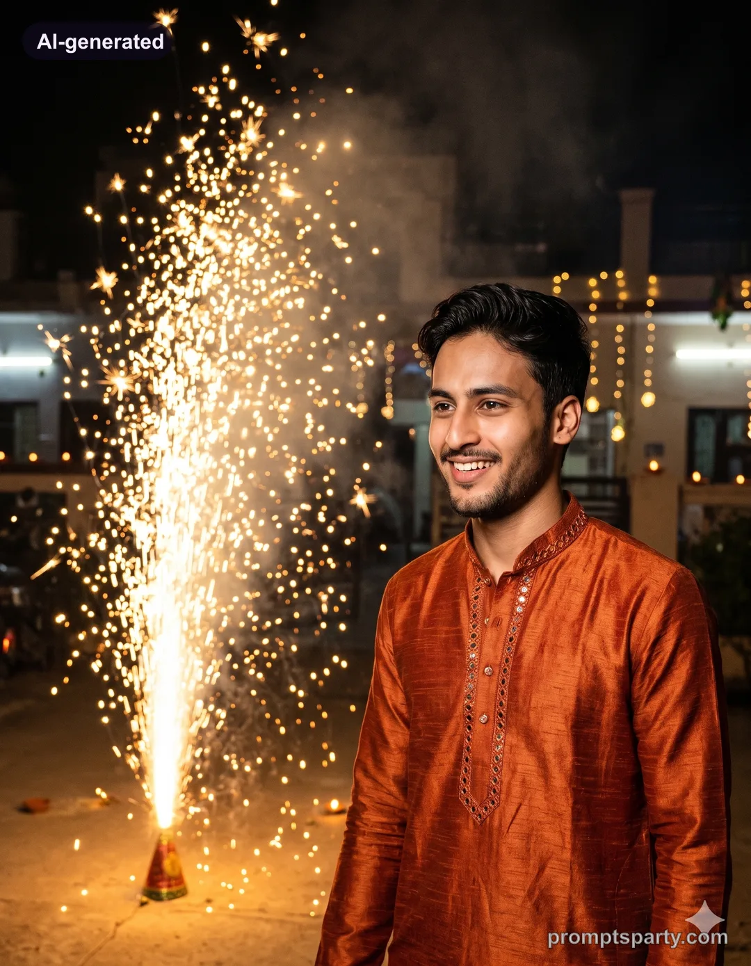 Kabir in a burnt orange silk kurta beside a sparkling golden anar firework fountain, Gemini version