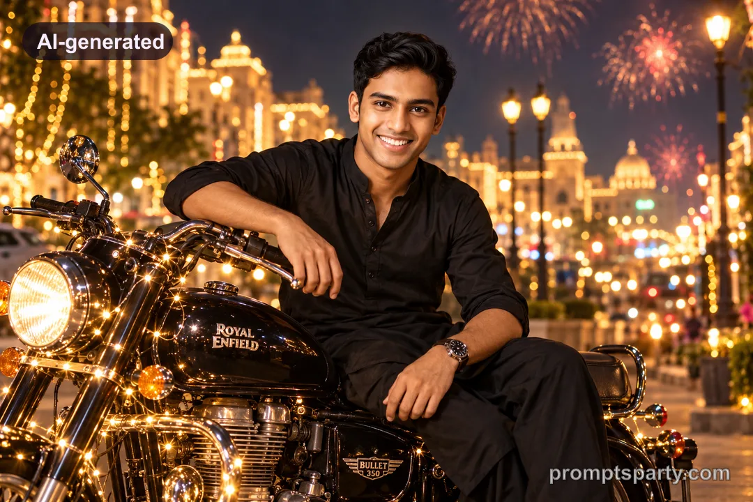 Rohan in a black pathani suit seated on a classic Royal Enfield Bullet decorated with fairy lights, ChatGPT version