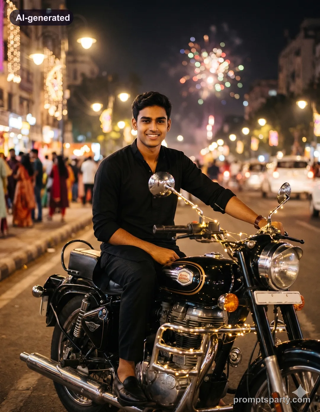 Rohan in a black pathani suit seated on a classic Royal Enfield Bullet decorated with fairy lights, Gemini version