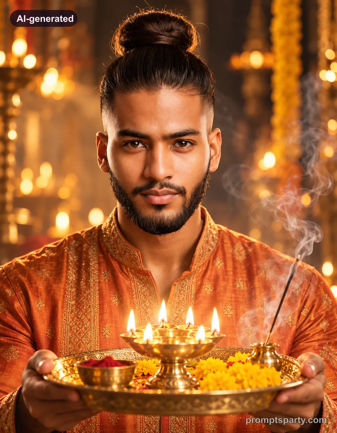 Samir holding a brass aarti thali with volumetric incense smoke rays, ChatGPT version