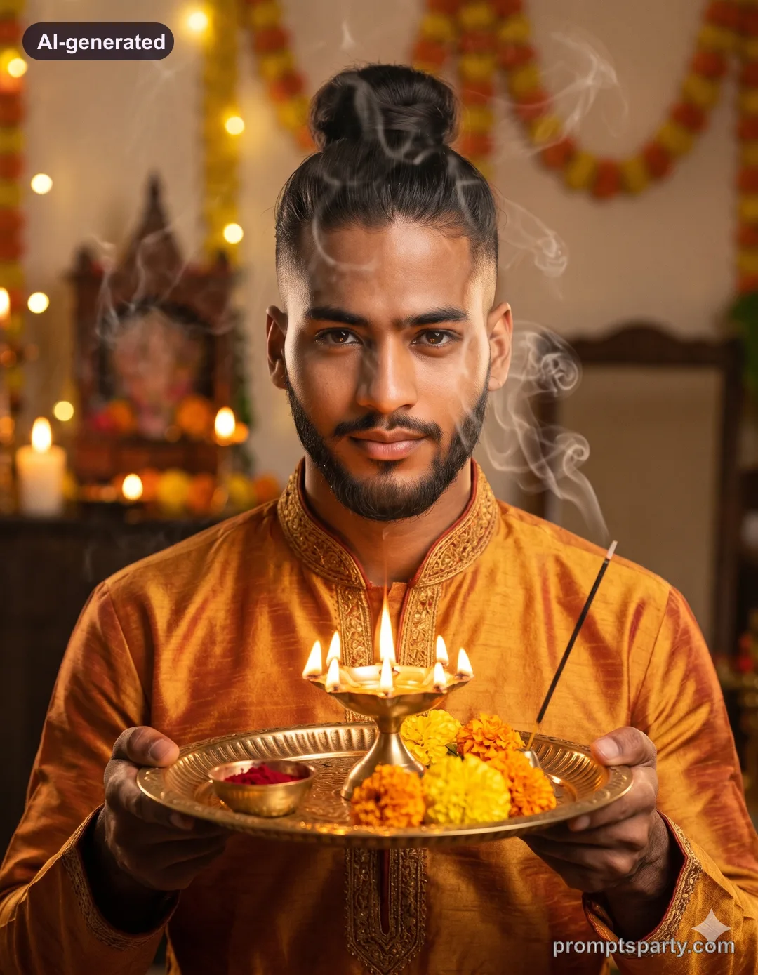 Samir holding a brass aarti thali with volumetric incense smoke rays, Gemini version