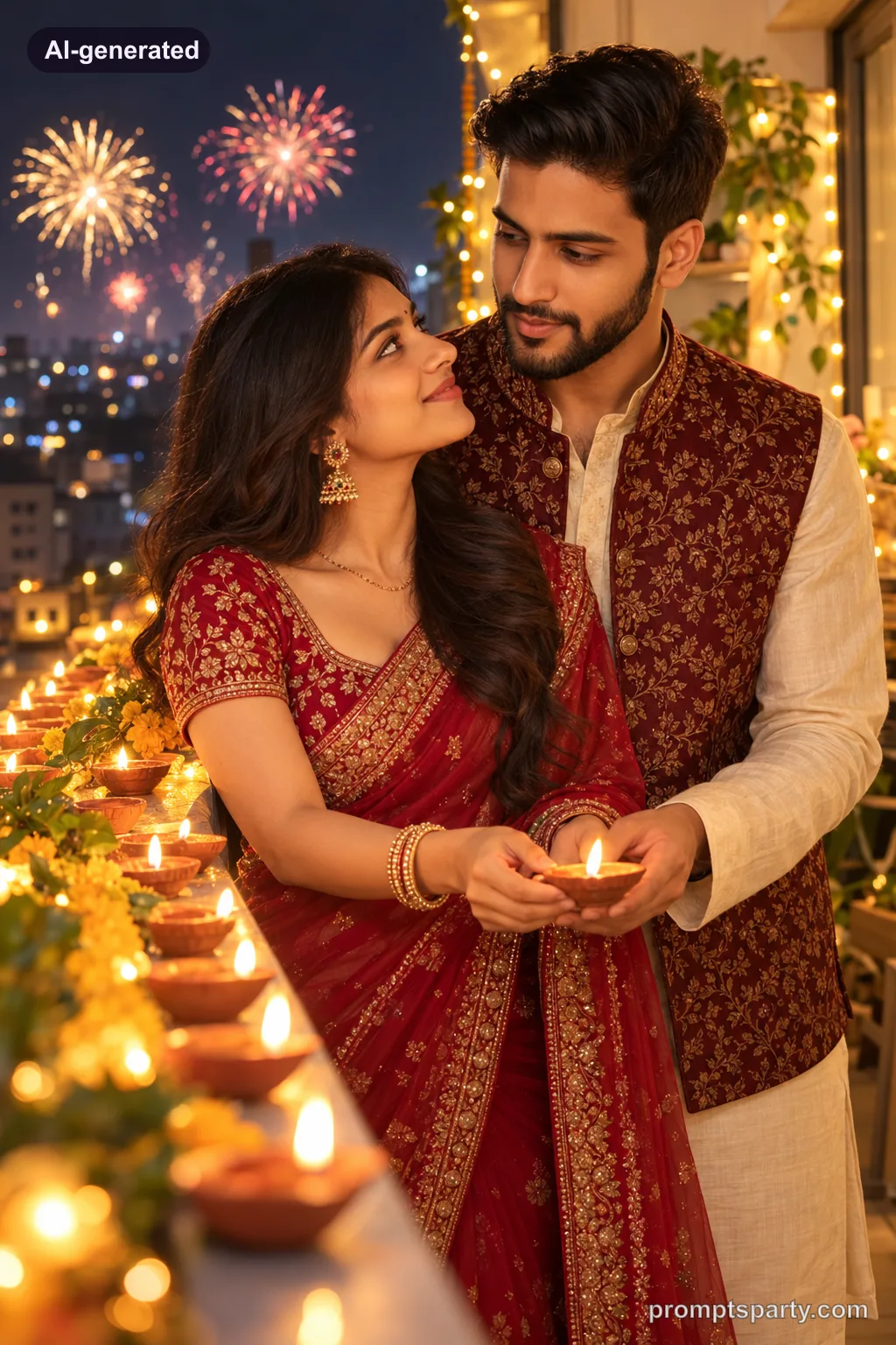 Arjun and partner lighting diyas on a festive balcony with fireworks in the night sky, ChatGPT version